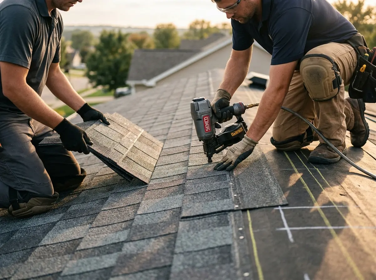 Professional roofer working on a residential roof in Reedley